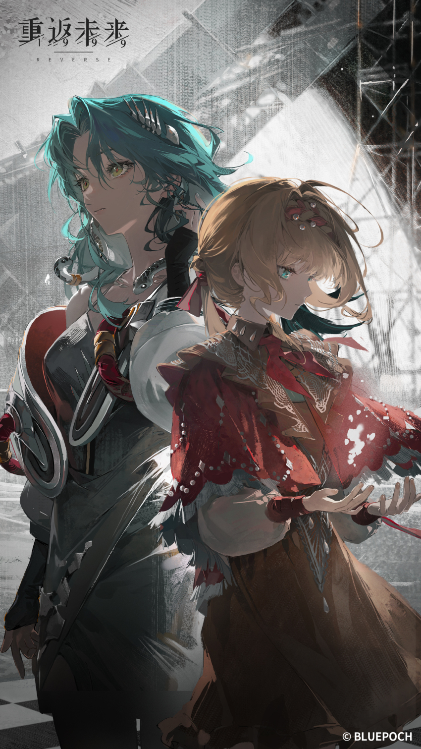 2girls absurdres backlighting bare_shoulders black_sky blue_eyes blue_hair brown_dress cloak copyright_name copyright_notice cowboy_shot dress green_eyes hand_up highres hissabeth jacket kiperina logo long_hair long_sleeves looking_ahead low_ponytail multiple_girls neckerchief official_art official_wallpaper pencil_dress planet ponytail puffy_long_sleeves puffy_sleeves red_cloak red_neckerchief red_pupils reverse:1999 short_dress silver_dress sky snake snake_on_head tower white_jacket