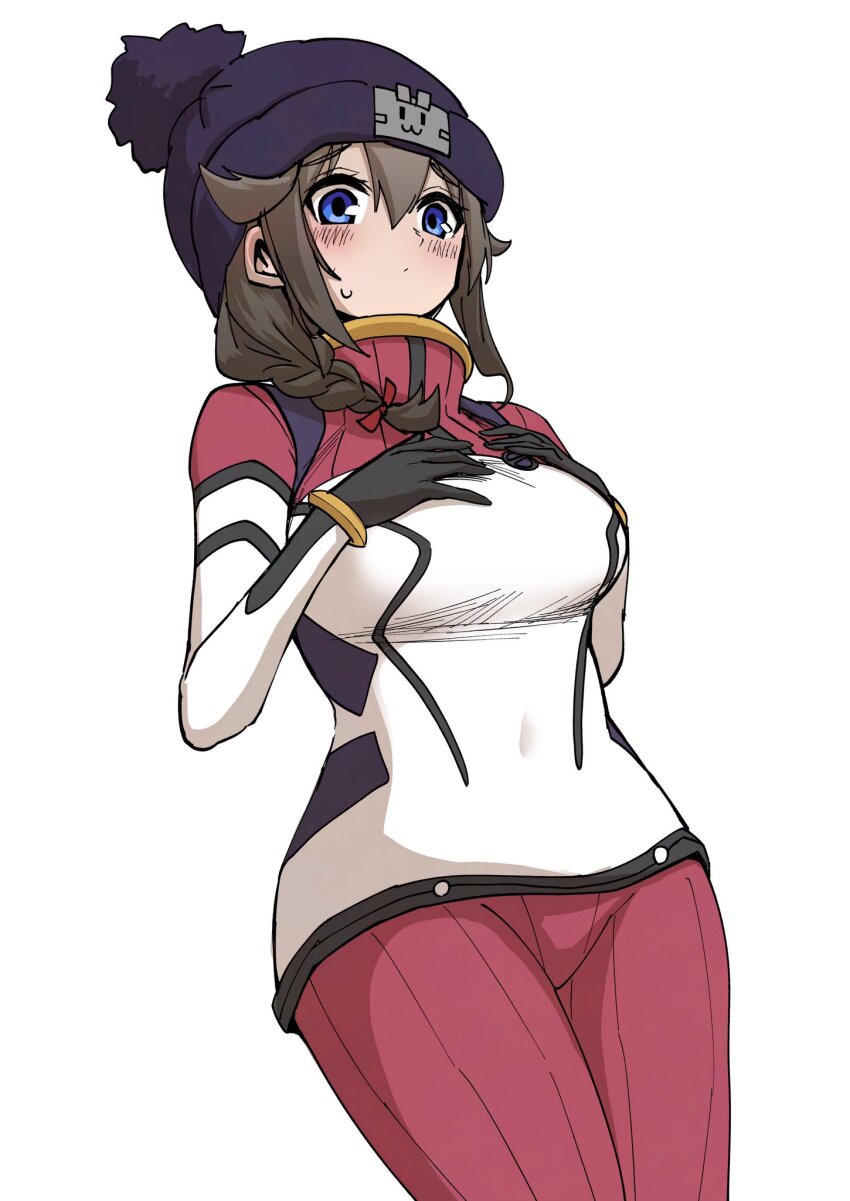 1girl amate_yuzuriha amate_yuzuriha_(cosplay) beanie black_gloves black_hair blue_eyes bodysuit braid breasts cosplay cowboy_shot gloves gouta_(nagishiro6624) gundam gundam_gquuuuuux hair_flaps hair_over_shoulder hat highres kantai_collection long_hair mecha_pilot_suit medium_breasts multicolored_bodysuit pants pink_pants rensouhou-chan shigure_(kancolle) shigure_kai_san_(kancolle) shirt simple_background single_braid solo white_background white_shirt