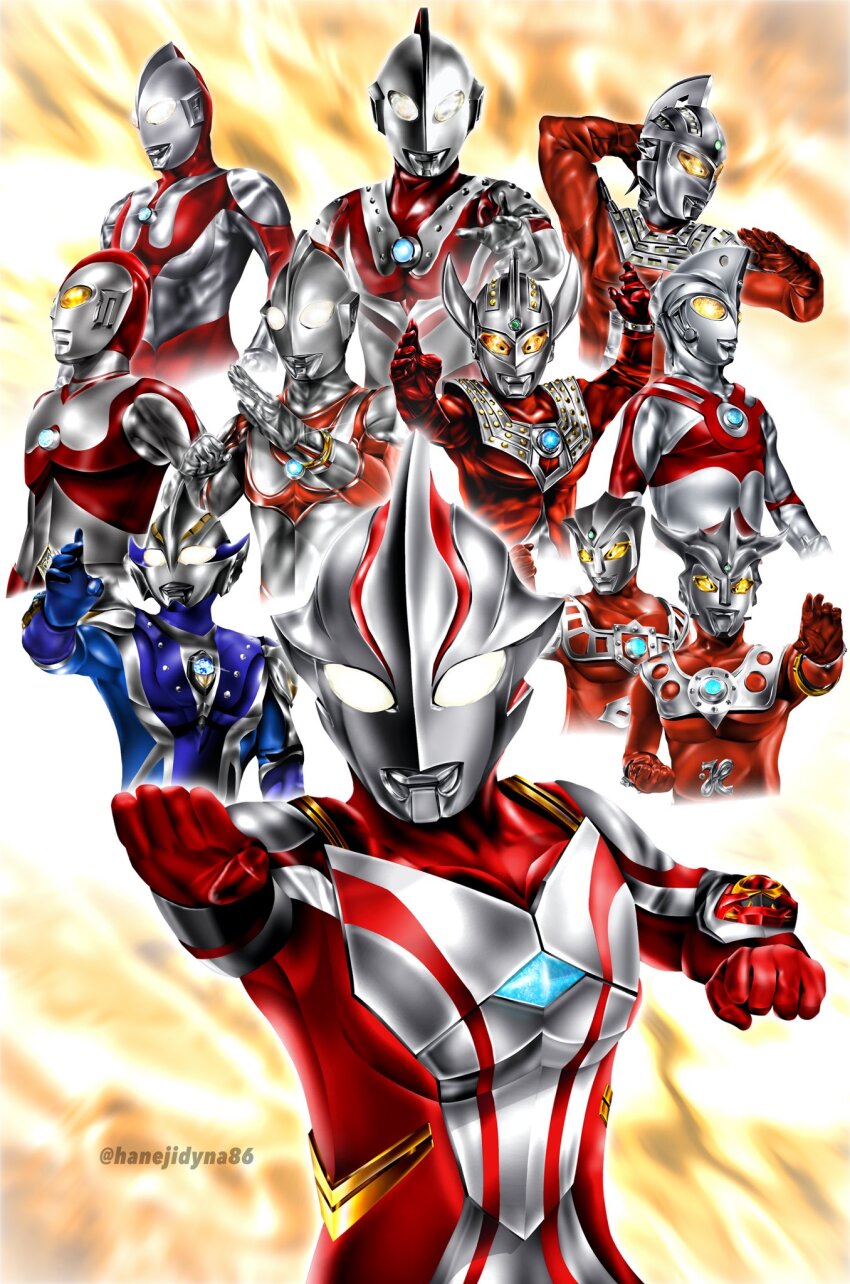 6+boys alien arm_up armlet armor astra_(ultra_series) blue_skin bracelet breastplate clenched_hand collarbone color_timer colored_skin commentary compound_eyes crest cropped_torso dorsal_fin everyone eye_slugger fighting_stance forehead_jewel gem glowing glowing_eyes gold_armlet green_gemstone hands_up hanejidyna86 highres horns jewelry knight_brace looking_ahead looking_at_viewer looking_down looking_up male_focus mebius_brace multicolored_skin multiple_boys muscular muscular_male outstretched_arm pectorals red_skin silver_skin tokusatsu twitter_username ultra_bracelet ultra_series ultraman ultraman_80 ultraman_ace ultraman_hikari ultraman_jack ultraman_leo ultraman_mebius ultraman_mebius_(series) ultraman_tarou ultraseven upper_body vambraces white_eyes yellow_background yellow_eyes zoffy_(ultra_series)