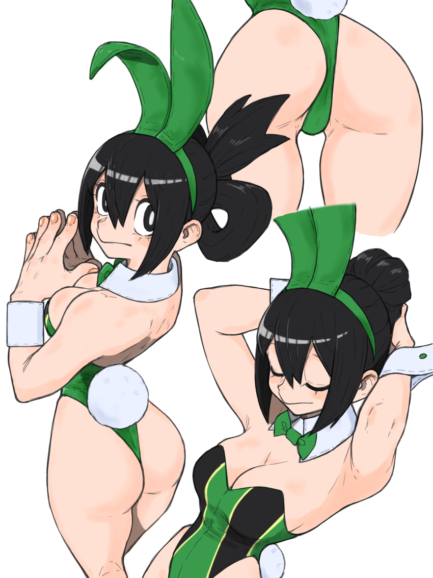 1girl absurdres animal_ear_hairband animal_ears armpits arms_behind_head arms_up ass asui_tsuyu black_eyes black_hair black_leotard boku_no_hero_academia bow bowtie breasts bright_pupils closed_eyes closed_mouth collar detached_collar fake_animal_ears fake_tail fingernails green_bow green_bowtie green_hairband green_leotard hair_between_eyes hair_bun hair_rings hairband highres leotard looking_at_viewer looking_back medium_breasts multicolored_leotard multiple_views playboy_bunny rabbit_ear_hairband rabbit_ears rabbit_tail short_hair simple_background leotard tail toshinoshin turning_head two-tone_leotard updo white_background white_collar white_pupils white_wrist_cuffs wrist_cuffs