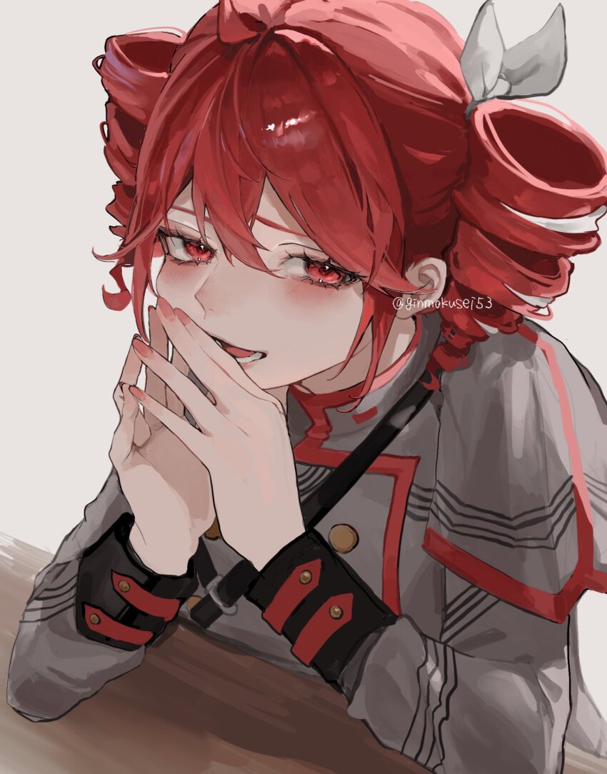1girl artist_name blush bow drill_hair elbows_on_table ginmokusei53 grey_jacket hair_between_eyes hair_bow highres jacket kasane_teto kasane_teto_(sv) long_sleeves looking_at_viewer open_mouth own_hands_together red_eyes red_hair red_trim short_hair simple_background smile solo steepled_fingers synthesizer_v twin_drills twitter_username upper_body utau watermark white_background white_bow