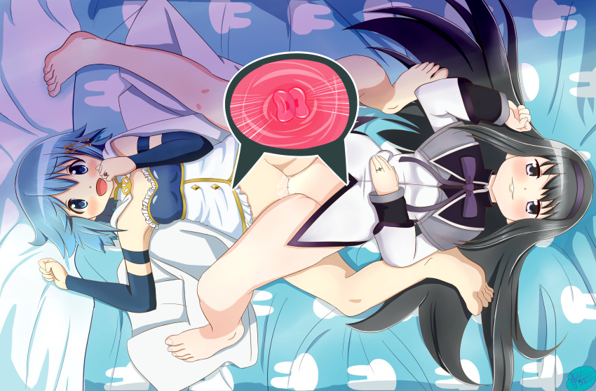 2girls absurdres akemi_homura akemi_homura_(magical_girl) artist_request axl_sevens barefoot black_hair blue_eyes blue_hair blush breasts couple female_fertilization female_orgasm fertilization hair_ornament hairband happy_sex highres impregnation jewelry long_hair magical_girl mahou_shoujo_madoka_magica miki_sayaka miki_sayaka_(magical_girl) multiple_girls on_bed open_mouth orgasm ovum partially_undressed purple_eyes pussy pussy_juice ribbon ring short_hair small_breasts smile tribadism very_long_hair wedding_band wife_and_wife yuri