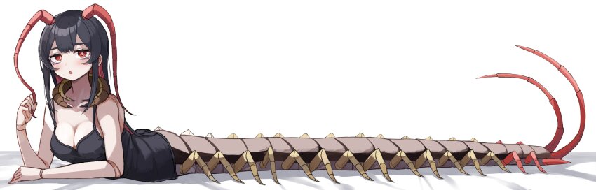 abdomen_tail antennae arthropod_girl arthropod_limbs black_hair black_tank_top breasts centipede_girl cleavage emukae_kaede_(plan) highres kumano_plan long_hair lying medium_breasts on_stomach original red_eyes tank_top