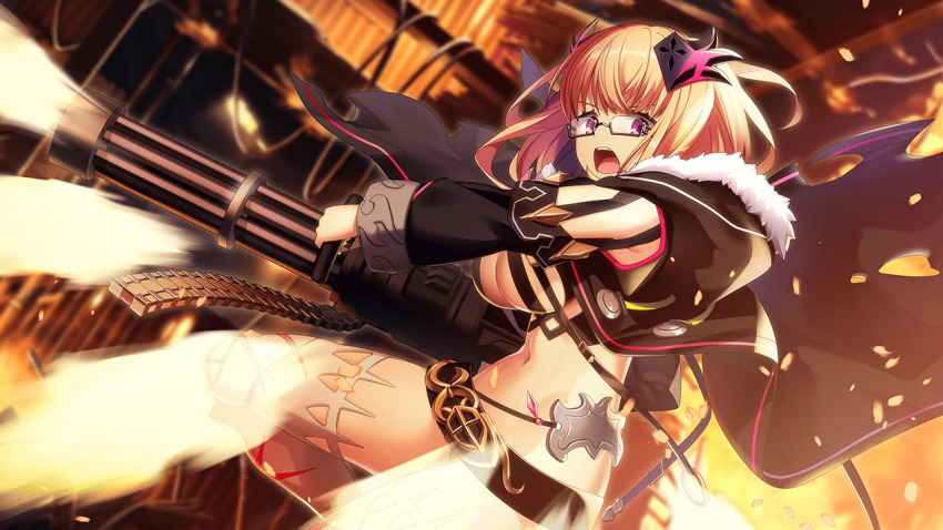 1girl black-framed_eyewear black_shorts blonde_hair blurry blurry_background blurry_foreground bow_(weapon) breasts cleavage crossbow deep_one_kyomu_to_mugen_no_fragment depth_of_field embers explosion fire firing glasses gun hair_ornament holding holding_gun holding_weapon hood hood_down jacket kirie_kirihara medium_breasts motion_blur muzzle_flash navel non-web_source open_mouth purple_eyes rifle scope semi-rimless_eyewear shorts shotgun sniper_rifle solo sunset thighhighs under-rim_eyewear underboob weapon