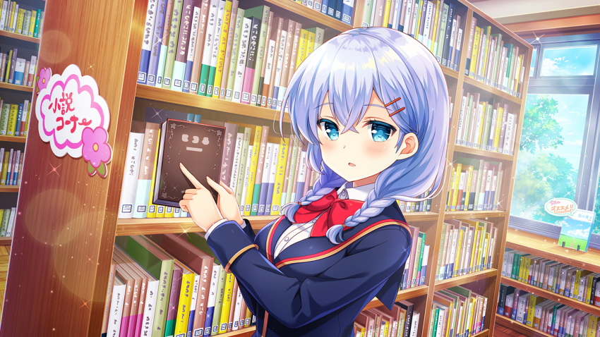 1girl :o aqua_eyes black_socks blazer blue_jacket bookcase bow braid front_braid girlfriend_(kari) hair_ornament hair_over_shoulder hairclip i indoors jacket kneehighs library long_hair long_sleeves looking_at_viewer murakami_fumio official_art open_mouth plaid_clothes plaid_skirt pleated_skirt qp:flapper red_bow red_skirt school school_uniform shirt shoes skirt socks solo standing tagme twin_braids white_shirt