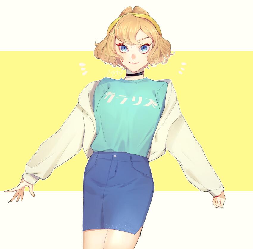 1girl alternate_costume animification blue_eyes brown_hair casual choker clarice_(disney) cone_hair_bun eyelashes hair_bun highres humanization looking_at_viewer mickey_mouse_&amp;_friends personification rl10_02 shirt short_hair skirt smile solo translation_request