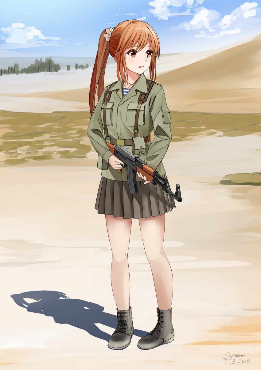 1girl 2018 absurdres ak-47 alternate_color ammunition_pouch assault_rifle belt belt_buckle belt_pouch black_boots blue_shirt blue_sky boots brown_belt brown_eyes brown_hair buckle cloud collarbone collared_shirt combat_boots commentary dated day desert full_body green_shirt grey_skirt gun hair_ornament hair_scrunchie highres holding holding_gun holding_weapon kalashnikov_rifle landscape long_sleeves looking_to_the_side military military_uniform no_socks open_collar original outdoors parted_lips pleated_skirt pocket ponytail pouch rifle sand scrunchie shadow shirt sidelocks signature skirt sky soldier solo soviet soviet_sergeant standing striped_clothes striped_shirt telnyashka two-tone_shirt undershirt war_in_afghanistan weapon white_scrunchie white_shirt