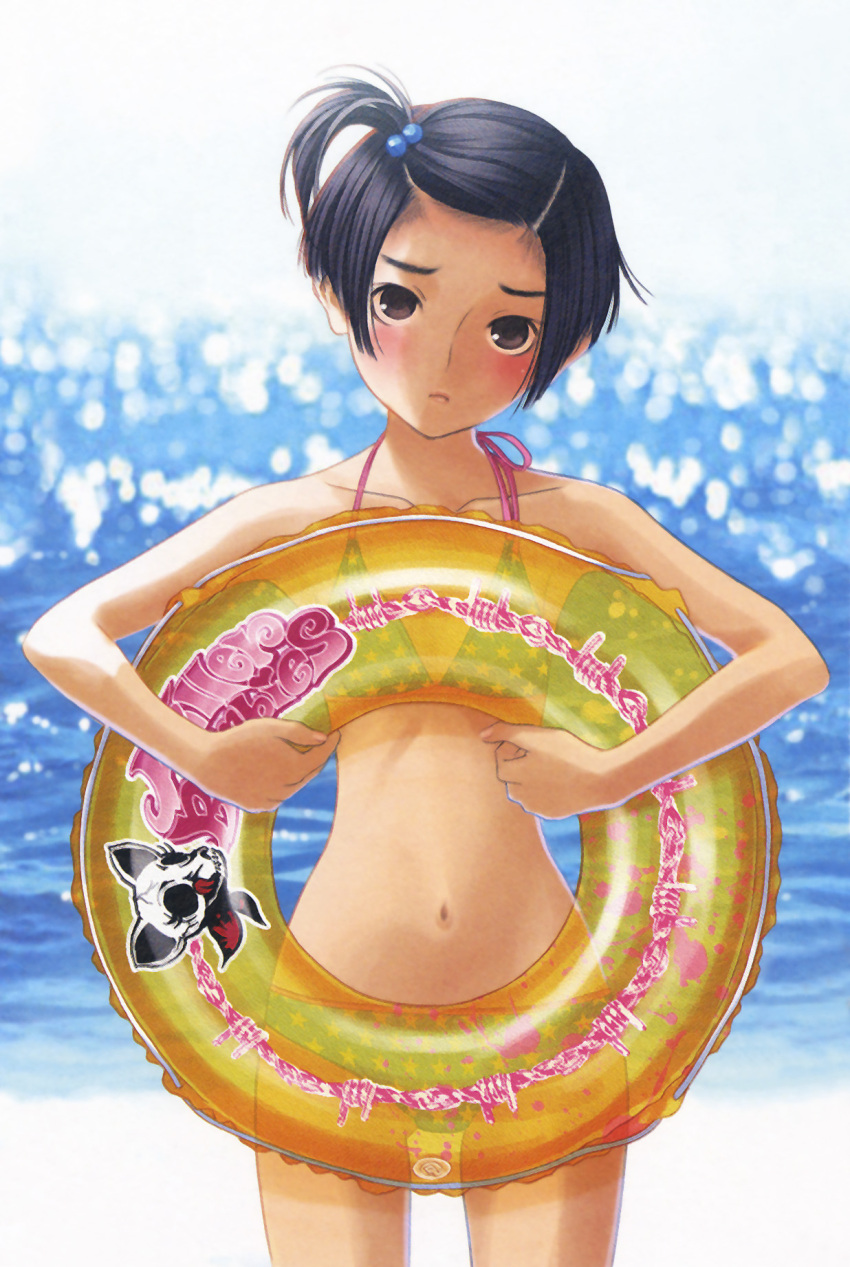 1girl bare_shoulders beach bikini black_hair blush brown_eyes cowboy_shot forehead hair_bobbles hair_ornament highres holding holding_swim_ring innertube kobayakawa_rinko love_plus midriff mino_tarou navel non-web_source ocean official_alternate_hairstyle official_art outdoors petite print_innertube raised_inner_eyebrows scan short_hair side_ponytail solo star_(symbol) swim_ring swimsuit