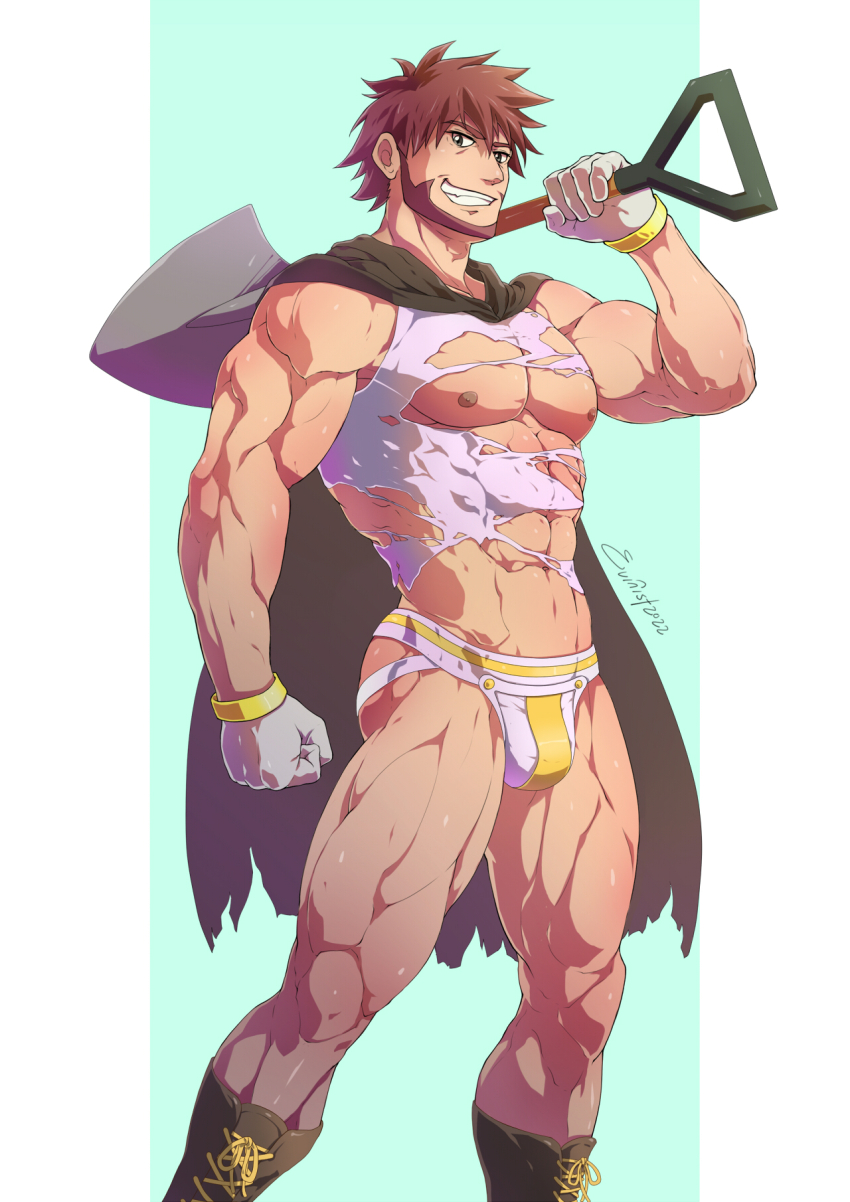 1boy 2022 abs artist_name bara brown_hair byron_(pokemon) cape clenched_hand commentary cross-laced_footwear evinist gloves grin highres holding holding_shovel jockstrap large_pectorals looking_at_viewer male_focus male_underwear muscular muscular_male navel nintendo nipples no_pants pectorals pokemon pokemon_dppt shovel simple_background smile solo tank_top teeth thighs torn_clothes torn_tank_top underwear variant_set white_tank_top