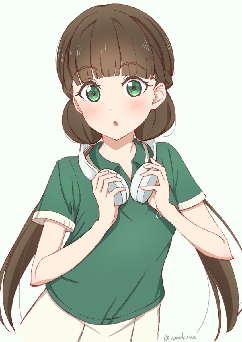1girl absurdres artist_name blunt_bangs braid brown_hair collared_shirt commentary green_eyes green_shirt hair_ribbon half_up_braid half_updo headphones headphones_around_neck highres holding holding_headphones long_hair love_live! love_live!_superstar!! low_twintails making-of_available nanakussa pleated_skirt polo_shirt ribbon sakurakoji_kinako shirt short_sleeves simple_background skirt solo twintails twitter_username upper_body white_background white_ribbon white_skirt