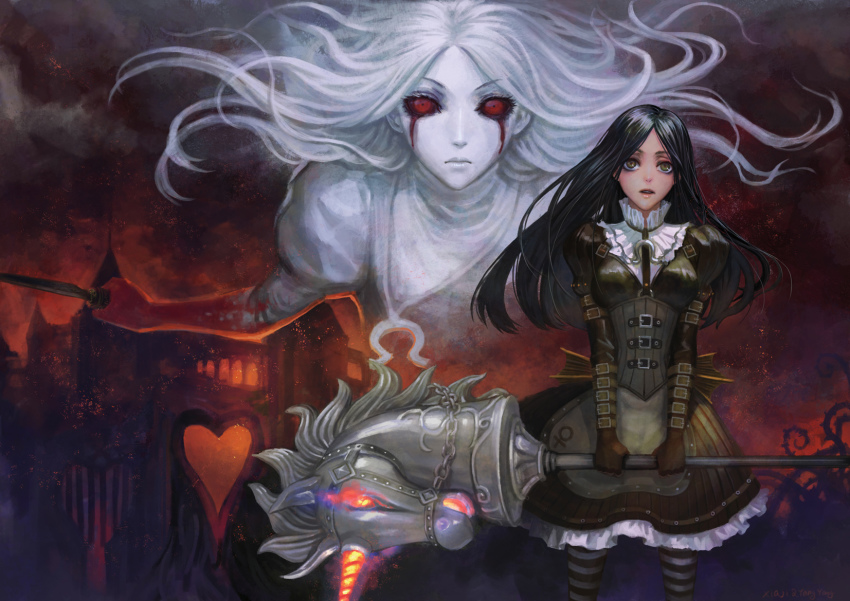 1girl alice:_madness_returns alice_(alice_in_wonderland) alice_in_wonderland alice_liddell_(american_mcgee&#039;s_alice) american_mcgee&#039;s_alice american_mcgee&#039;s_alice black_hair blood bloody_tears buckle colored_sclera corset dress dual_persona heart highres pantyhose red_eyes red_sclera striped_clothes striped_pantyhose teddy_yang venus_symbol weapon white_hair xiaji