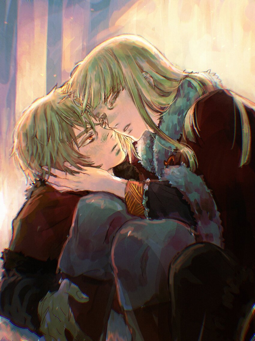 2boys absurdres androgynous blonde_hair blunt_bangs canute cloak closed_eyes closed_mouth eyebrows eyebrows_hidden_by_hair eyelashes face-to-face frills fur_trim hand_on_another&#039;s_head highres long_hair looking_at_another male_focus messy_hair multiple_boys nostrils parted_lips prince sidelocks spring_deers teeth thorfinn viking vinland_saga yaoi