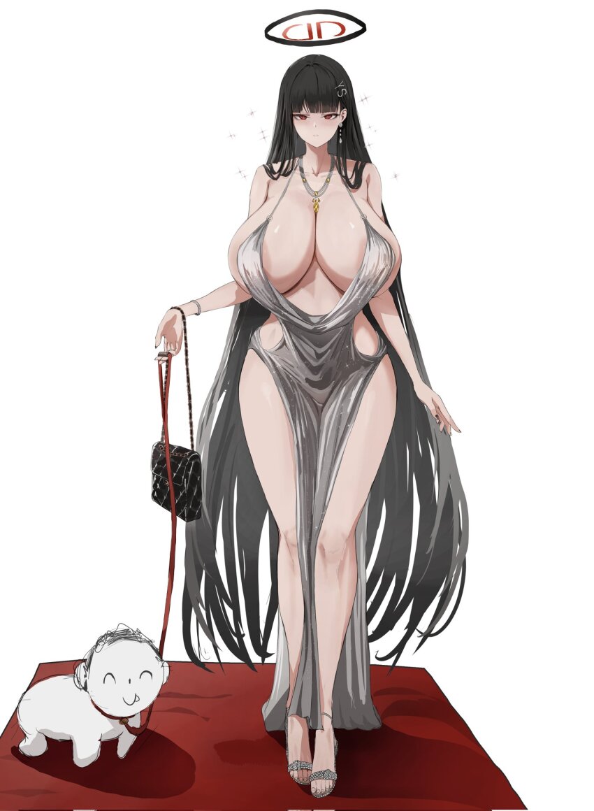1boy 1girl all_fours alternate_costume ankle_strap areola_slip azur_lane backless_dress backless_outfit bag bare_arms bare_legs bare_shoulders black_bag black_hair black_halo black_nails blue_archive blunt_bangs bracelet breasts bright_pupils chibi cleavage collarbone cosplay cowl_neck curvy doodle_sensei_(blue_archive) dress earrings evening_gown fingernails full_body glitter_dress hair_ornament hair_over_shoulder halo halter_dress halterneck handbag highres holding holding_back holding_leash hth5k huge_breasts jewelry leash letter_hair_ornament long_hair long_legs looking_at_viewer multicolored_halo nail_polish necklace parted_lips pelvic_curtain plunging_neckline red_carpet red_eyes red_halo revealing_clothes ringed_eyes rio_(blue_archive) sandals sensei_(blue_archive) sideboob silver_dress silver_sandals simple_background single_earring solo_focus sparkle st._louis_(azur_lane) st._louis_(azur_lane)_(cosplay) st._louis_(luxurious_wheels)_(azur_lane) standing thighs toenails toes two-tone_halo very_long_hair white_background white_pupils wide_hips