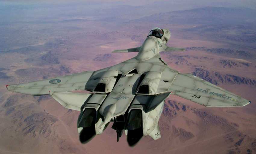 1990s_(style) 1boy 3d aircraft airplane canards desert flying highres jet logo macross macross_plus mecha mountain photorealistic realistic retro_artstyle robot science_fiction u.n._spacy vehicle_focus vf-11