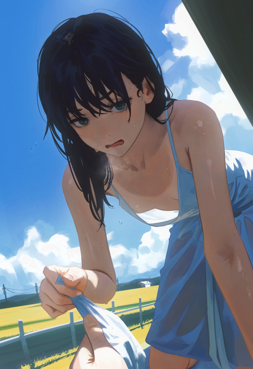 1girl 1other absurdres all_fours aqua_eyes bare_shoulders black_hair blue_sky blush breasts chainsaw_man chinese_commentary cleavage cloud day dress highres long_hair looking_at_viewer mitaka_asa no_bra open_mouth pov sky sleeveless sleeveless_dress small_breasts solo_focus sweat tan tanline variant_set white_dress yao_liao_wang