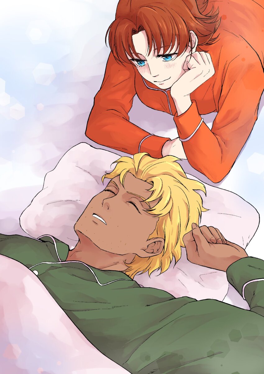 1boy 1girl blanket blonde_hair blue_eyes brown_hair couple curico2810 dark-skinned_male dark_skin dearka_elsman flirting green_pajamas gundam gundam_seed gundam_seed_destiny gundam_seed_freedom hands_on_own_face highres long_sleeves lying miriallia_haw on_back on_floor pajamas pale_skin parted_bangs parted_hair pillow red_pajamas short_hair sleeping smile swept_bangs under_covers