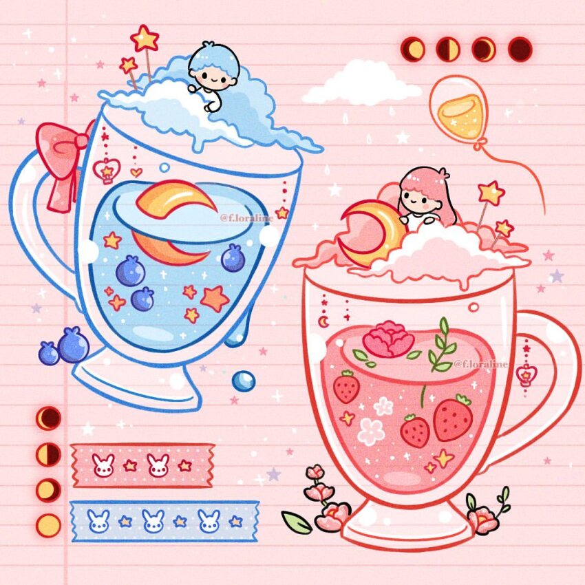 1boy 1girl antenna_hair balloon black_eyes blue_hair blueberry blush_stickers chibi closed_mouth commentary crescent_moon drink english_commentary f.loraline flower food food_focus fruit glass instagram_username kiki_(little_twin_stars) lala_(little_twin_stars) little_twin_stars long_hair long_sleeves moon on_cloud pink_background pink_flower pink_hair pink_rose rabbit rose sanrio shirt short_hair simple_background smile solid_circle_eyes star_(symbol) strawberry tape white_shirt