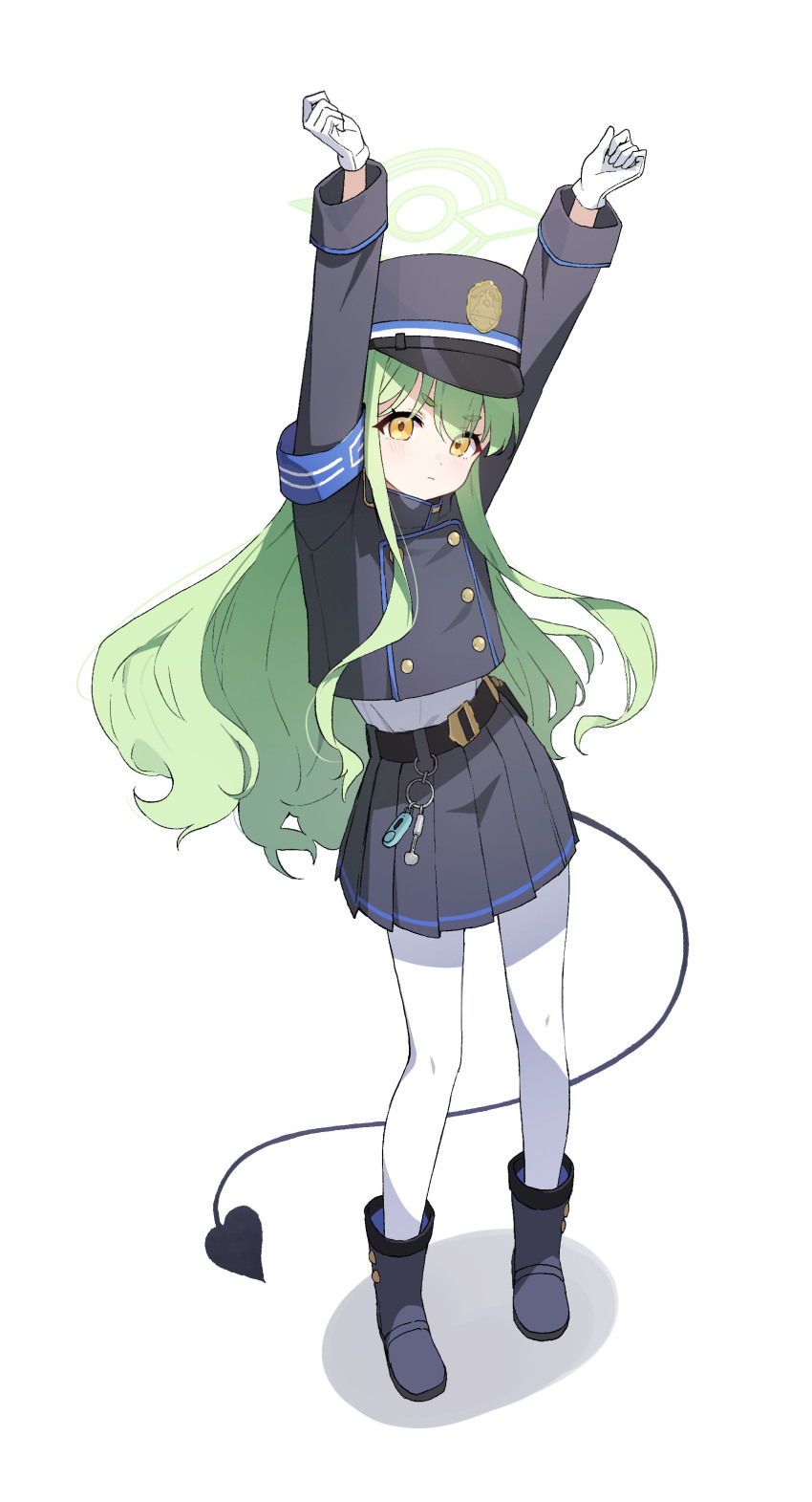 1girl absurdres angcha ankle_boots armband arms_up belt black_boots black_skirt blue_archive blue_armband boots buttons commentary_request commentary_typo demon_tail double-breasted emblem full_body gloves green_hair green_halo halo hat highlander_railway_academy_logo highres hikari_(blue_archive) jacket kepi light_blush long_hair looking_at_viewer military_hat miniskirt orange_eyes pantyhose peaked_cap pleated_skirt shirt skirt solo standing tail train_conductor very_long_hair whistle white_gloves white_pantyhose white_shirt