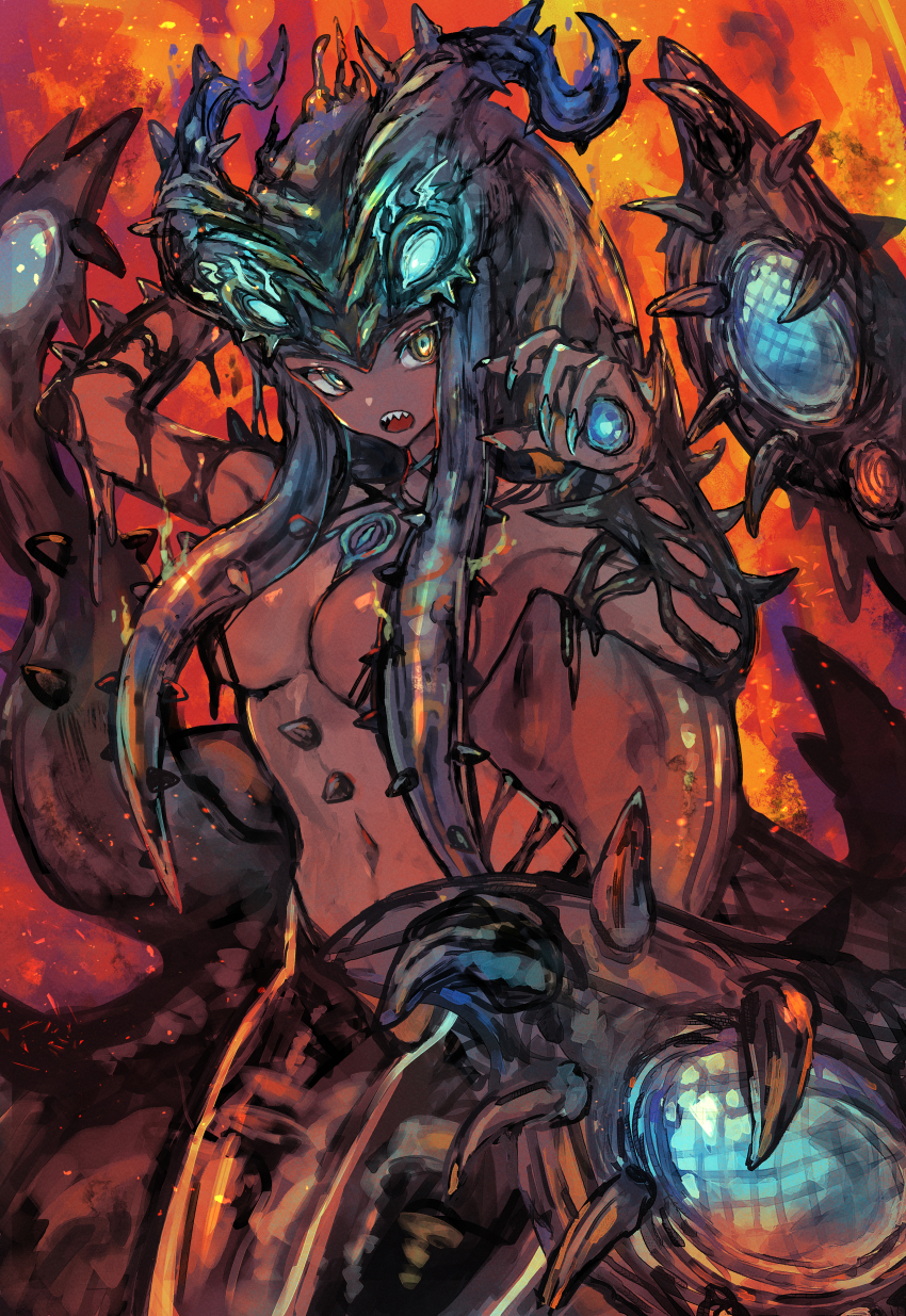 1girl absurdres black_hair breasts claw_pose colored_skin commentary_request dark-skinned_female dark_skin fiery_background fingernails fire glowing glowing_eyes highres horns lava long_fingernails long_hair looking_at_viewer monster_girl monster_hunter_(series) monster_hunter_wilds navel nu_udra open_mouth personification ringed_eyes sabamiso_taro sharp_teeth slime_(substance) solo spikes teeth tentacle_hair tentacles yellow_eyes