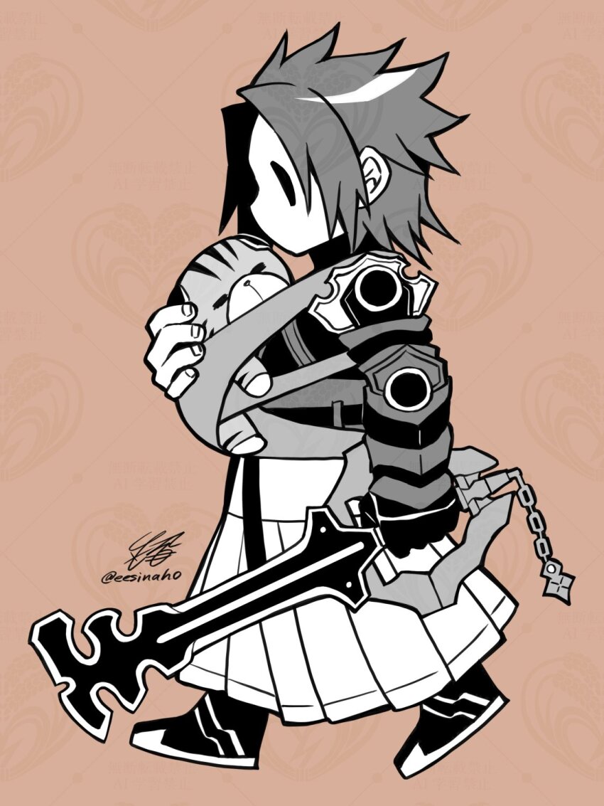 1boy arm_armor armor baby_carrier brown_background chirithy commentary creature dream_eater_(kingdom_hearts) facing_to_the_side full_body greyscale greyscale_with_colored_background hakama hakama_pants hand_up highres holding holding_weapon inaho_(sesyrne) japanese_clothes keyblade kingdom_hearts kingdom_hearts_birth_by_sleep kingdom_hearts_iii male_focus monochrome pants parted_bangs shoes short_hair shoulder_armor signature solid_oval_eyes spiked_hair terra_(kingdom_hearts) twitter_username walking watermark watermark_grid weapon