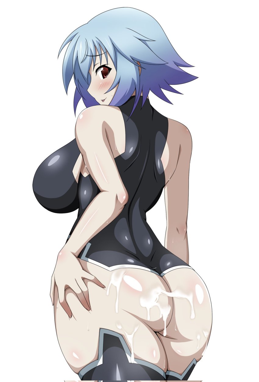 1girl :p ass backboob black_leotard blue_hair breasts cum cum_on_ass cum_on_body deep_skin from_behind grabbing_own_ass hand_on_own_ass hands_on_ass highres infinite_stratos large_breasts leotard looking_at_viewer looking_back red_eyes sarashiki_tatenashi shiny_clothes shiny_skin short_hair simple_background skin_tight solo space_gorilla standing sweat tongue tongue_out white_background