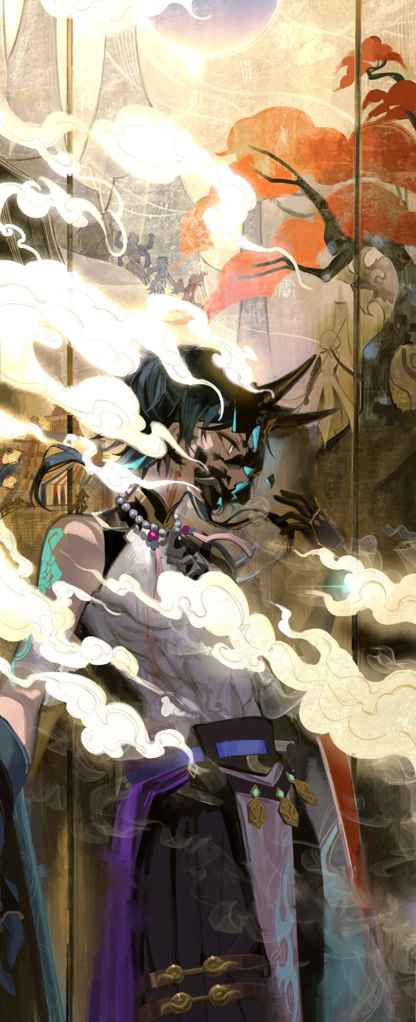 1boy absurdres aqua_hair arm_tattoo asymmetrical_clothes azhdaha_(genshin_impact) bare_shoulders bead_necklace beads black_gloves black_pants bonanus_(genshin_impact) bosacius_(genshin_impact) broken_mask cloud commentary_request cowboy_shot detached_sleeves eyeliner floating_hair genshin_impact gloves glowing glowing_tattoo gold_trim green_hair hand_up highres horned_mask horns indarias_(genshin_impact) jewelry lantern looking_away makeup male_focus mamaladecat mask menogias_(genshin_impact) mountain multicolored_hair necklace pants paper_lantern parted_bangs pelvic_curtain profile purple_ribbon red_eyeliner ribbon shirt short_hair short_hair_with_long_locks sidelocks single_detached_sleeve sky_lantern sleeveless sleeveless_shirt smoke solo standing streaked_hair tassel tattoo tree vision_(genshin_impact) white_shirt wide_sleeves xiao_(genshin_impact) yellow_eyes zhongli_(archon)_(genshin_impact) zhongli_(genshin_impact)