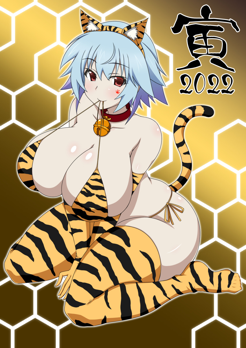 1girl 2022 absurdres animal_ears animal_print bell bikini blue_hair breasts cleavage fake_animal_ears fake_tail highres huge_breasts infinite_stratos looking_at_viewer neck_bell red_eyes sarashiki_tatenashi shiny_skin short_hair solo space_gorilla swimsuit tail thighhighs tiger_ears tiger_print tiger_tail