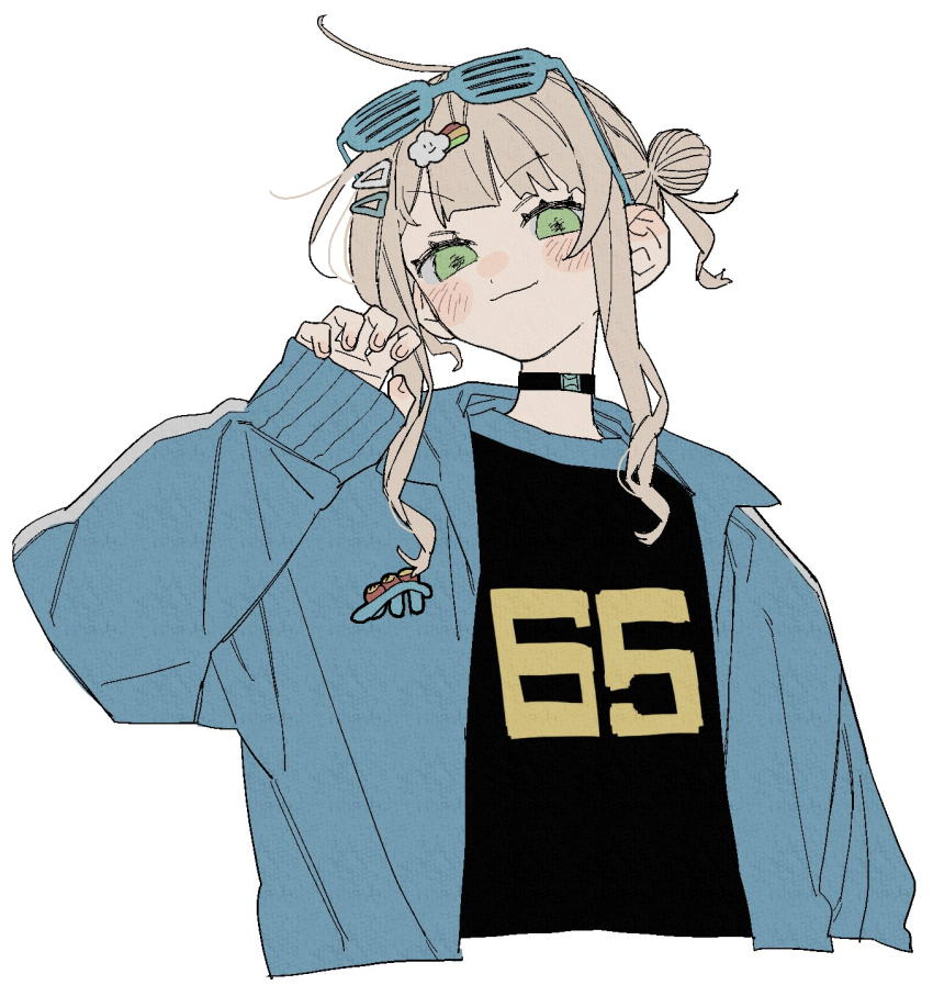1girl ahoge black_choker black_shirt blonde_hair blue_track_suit choker dayama doyagao eyewear_on_head green_eyes hair_bun hand_up highres jacket kaburaki_roco long_sleeves nijisanji open_clothes open_jacket shirt shutter_shades simple_background smug solo track_jacket track_suit upper_body v-shaped_eyebrows virtual_youtuber white_background