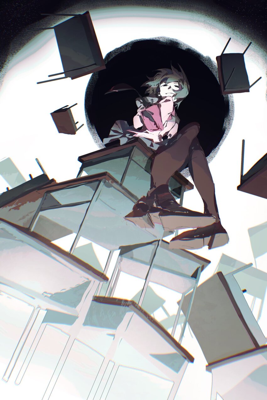 1girl black_eyes black_hair black_necktie black_pantyhose black_skirt desk floating_hair highres jacket juliet_sleeves loafers long_sleeves looking_at_viewer monogatari_(series) naoetsu_high_school_uniform necktie on_desk oshino_ougi pantyhose pink_jacket pleated_skirt puffy_sleeves school_desk school_uniform shoes short_hair sitting skirt sleeves_past_fingers sleeves_past_wrists smile solo synibread