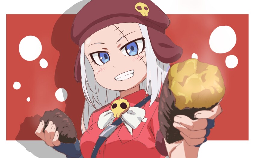 1girl absurdres blue_eyes bow bowtie fingerless_gloves food giroro_(kemono_friends) gloves grey_hair hat highres jacket kemono_friends kemono_friends_3 keroro_gunsou long_hair looking_at_viewer red_background red_jacket simple_background skull solo sweet_potato upper_body yamaguchi_yoshimi