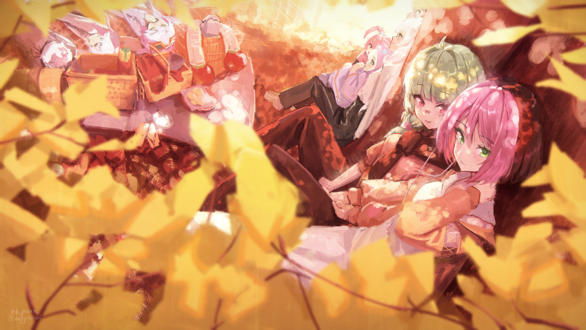 1boy 6+girls aiko_(osu!) alisa_(osu!) aqua_eyes artist_name autumn black_hair blurry blurry_foreground brown_jacket brown_pants character_request chirou_(osu!) closed_mouth cross-laced_clothes cross-laced_sleeves dress green_hair highres jacket looking_at_viewer lying mocha_(osu!) multiple_girls nepperoni on_back osu! outdoors pants picnic picnic_basket pink_eyes pink_hair pippi_(osu!) second-party_source short_hair sitting smile taikonator_(osu!) twintails twitter_username white_dress white_hair yuzu_(osu!)