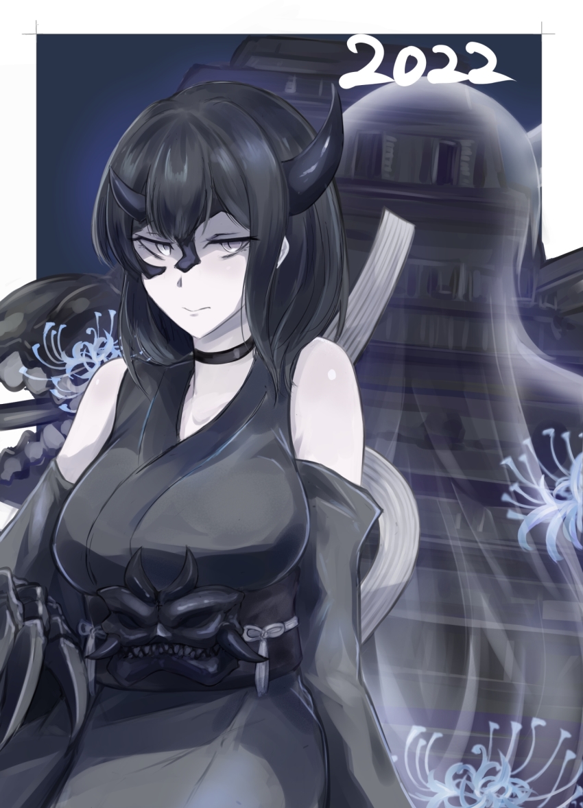 1girl abyssal_ship asymmetrical_horns bare_shoulders black_choker black_hair blue_flower blue_spider_lily breasts choker detached_sleeves grey_eyes highres horns japanese_clothes kantai_collection large_breasts medium_hair mizuchi_(mizuchi7118) night_strait_princess_(black) pale_skin spider_lily wide_sleeves