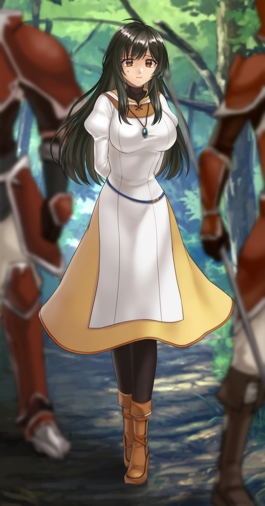 1girl absurdres alternate_hair_length alternate_hairstyle armor black_hair black_leggings blurry breasts brown_eyes brown_footwear closed_mouth commission crying crying_with_eyes_open depth_of_field dress fire_emblem fire_emblem:_radiant_dawn forest full_body hazuki_(nyorosuke) highres jewelry large_breasts laura_(fire_emblem) leggings long_hair nature necklace nintendo outdoors restrained shoes skeb_commission solo_focus standing teardrop tears tree white_dress