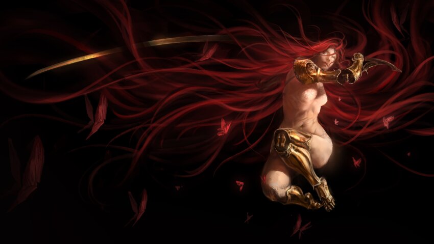 1girl absurdres caio_santos elden_ring highres holding long_hair malenia_blade_of_miquella mechanical_arms nude prosthesis prosthetic_arm red_hair single_mechanical_arm solo sword very_long_hair weapon