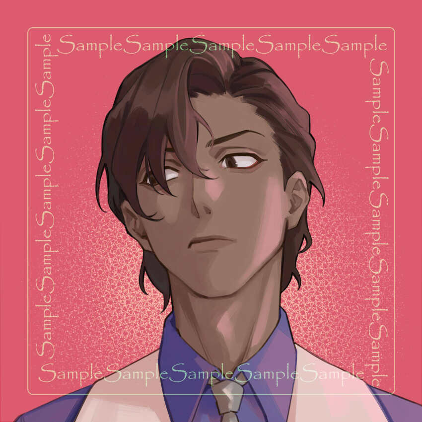 1boy arjuna_(fate) arjuna_(formal_dress)_(fate) brown_eyes brown_hair collared_shirt dark-skinned_male dark_skin fate/grand_order fate_(series) fixmeplz formal_clothes highres looking_to_the_side male_focus necktie portrait red_background sample_watermark shirt short_hair solo watermark
