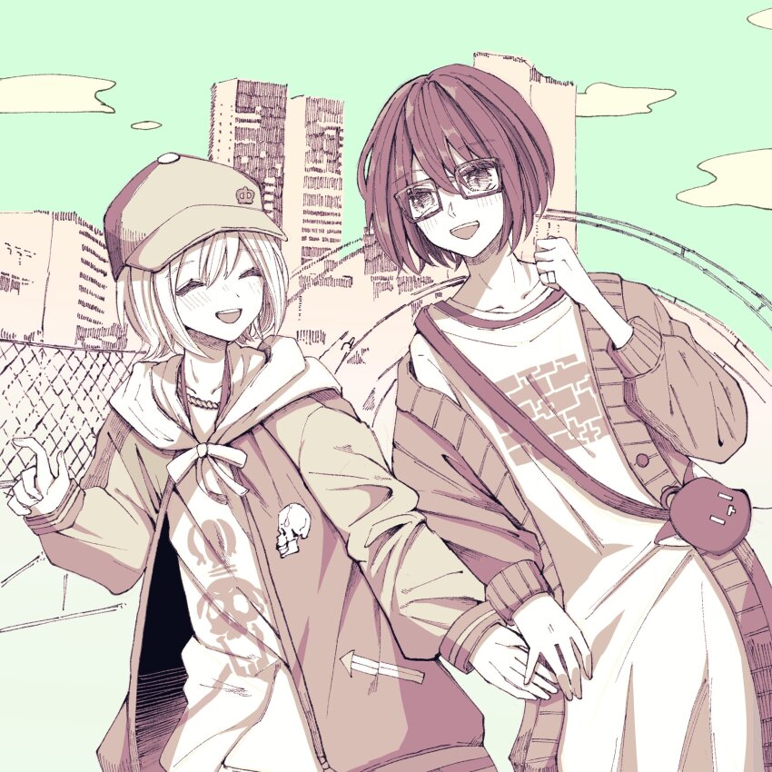 2girls bag baseball_cap bito_raimu chain-link_fence city eyebrows_hidden_by_hair female_focus fence glasses green_sky hat highres hood hooded_jacket jacket misaki_shiki multiple_girls open_mouth outdoors rectangular_eyewear shin_subarashiki_kono_sekai shirt short_hair shoulder_bag skull_print sky smile subarashiki_kono_sekai two-tone_headwear white_shirt