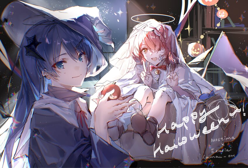 2girls apple arknights bandaid bandaid_on_face blue_hair chromatic_aberration commentary commission double_v english_commentary exusiai_(arknights) food fruit hair_over_one_eye happy_halloween hat highres horns jack-o&#039;-lantern lamia_oh light_particles long_hair mostima_(arknights) multiple_girls orange_eyes red_hair v witch_hat