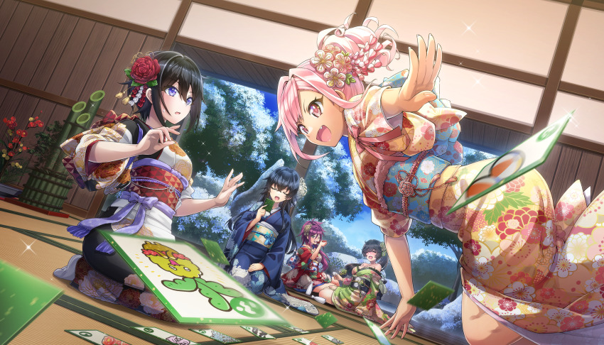 5girls black_hair blush bottle breasts closed_eyes cup dolphin_wave drunk fang fang_out game_cg hagane_otsuki hair_ornament highres japanese_clothes karuta_(card_game) kimono kurenashi_yuuri large_breasts long_hair multiple_girls non-web_source official_art ootomo_takuji open_mouth pink_hair ponytail purple_eyes purple_hair red_eyes sake_bottle short_hair side_ponytail snow suminoe_shion sweatdrop urami_kana yamaba_yume