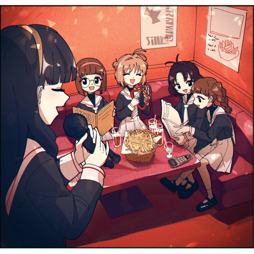 5girls alt_text black-framed_eyewear black_eyes black_footwear braid brown_hair cardcaptor_sakura closed_eyes daidouji_tomoyo food french_fries friends glasses hairband highres ice kinomoto_sakura menu microphone mihara_chiharu multiple_girls music nzeneee open_mouth poster_(object) sasaki_rika school_uniform singing skirt tagme tomoeda_elementary_school_uniform white_skirt yanagisawa_naoko yellow_hairband