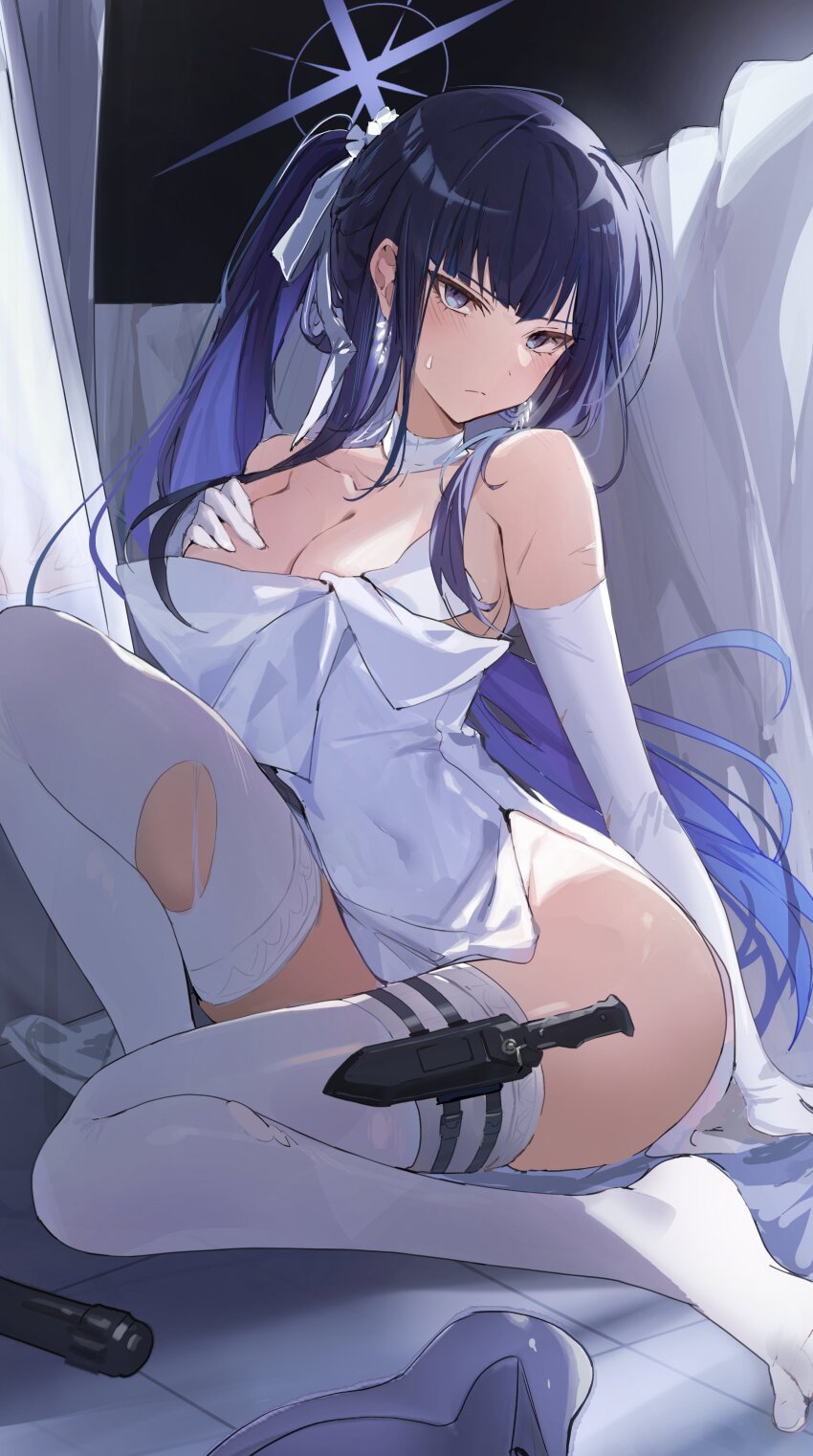 1girl absurdres b_soyo1 bare_shoulders blue_archive blue_eyes blue_hair breasts dress hair_between_eyes highres large_breasts long_hair looking_at_viewer official_alternate_costume official_alternate_hairstyle ponytail saori_(blue_archive) saori_(dress)_(blue_archive) solo thighhighs thighs white_dress white_thighhighs