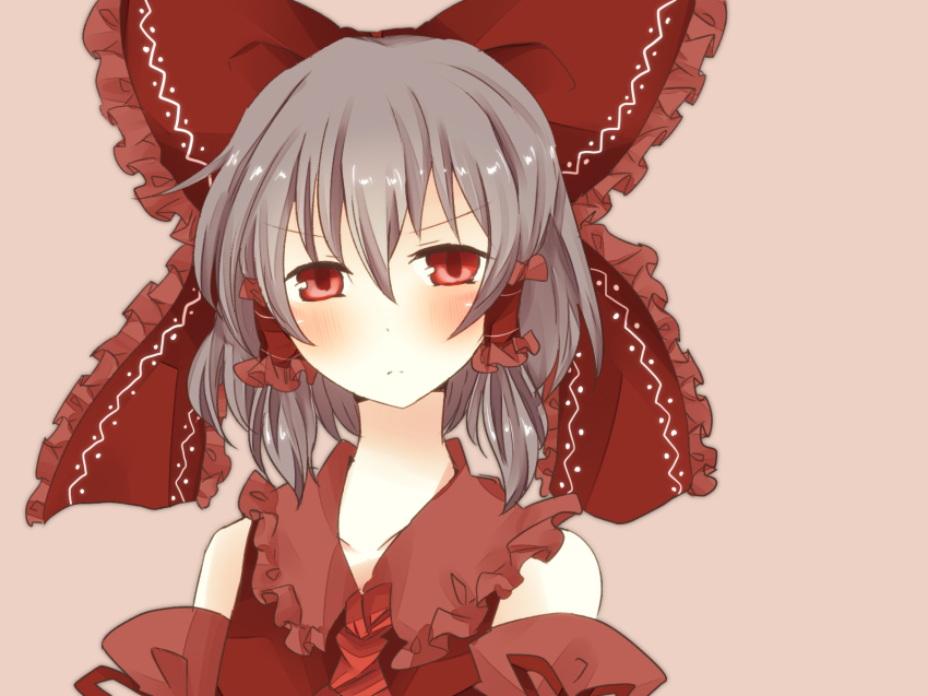 1girl ascot bad_id bad_pixiv_id blush bow brown_eyes brown_hair detached_sleeves dress female_focus hair_bow hair_tubes hakurei_reimu highres japanese_clothes miko pasutel red_dress red_eyes simple_background solo touhou