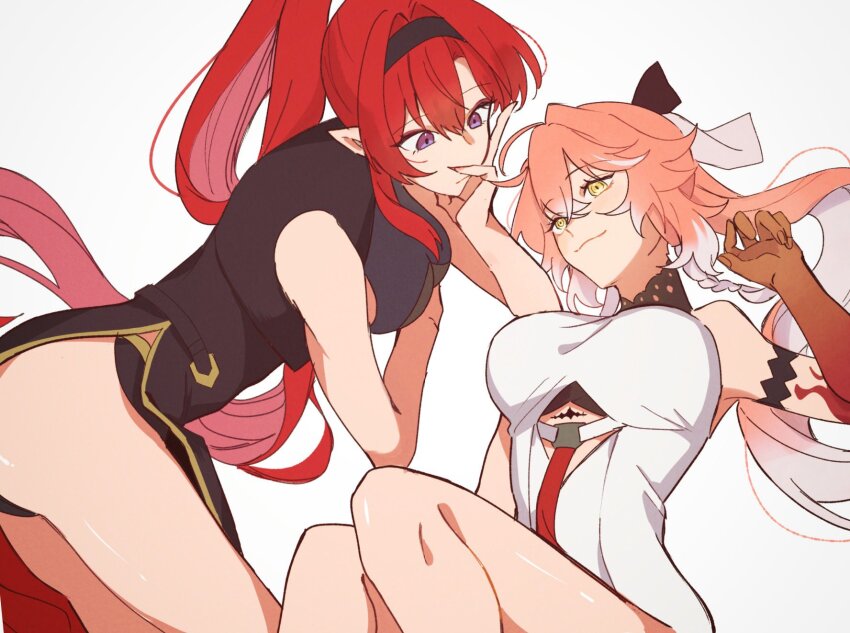 2girls black_hairband breasts changli_(wuthering_waves) hairband highres long_hair lying multiple_girls pink_hair ponytail red_hair sadomne_sabu simple_background tacet_mark_(wuthering_waves) very_long_hair white_background wuthering_waves yellow_eyes yinlin_(wuthering_waves)