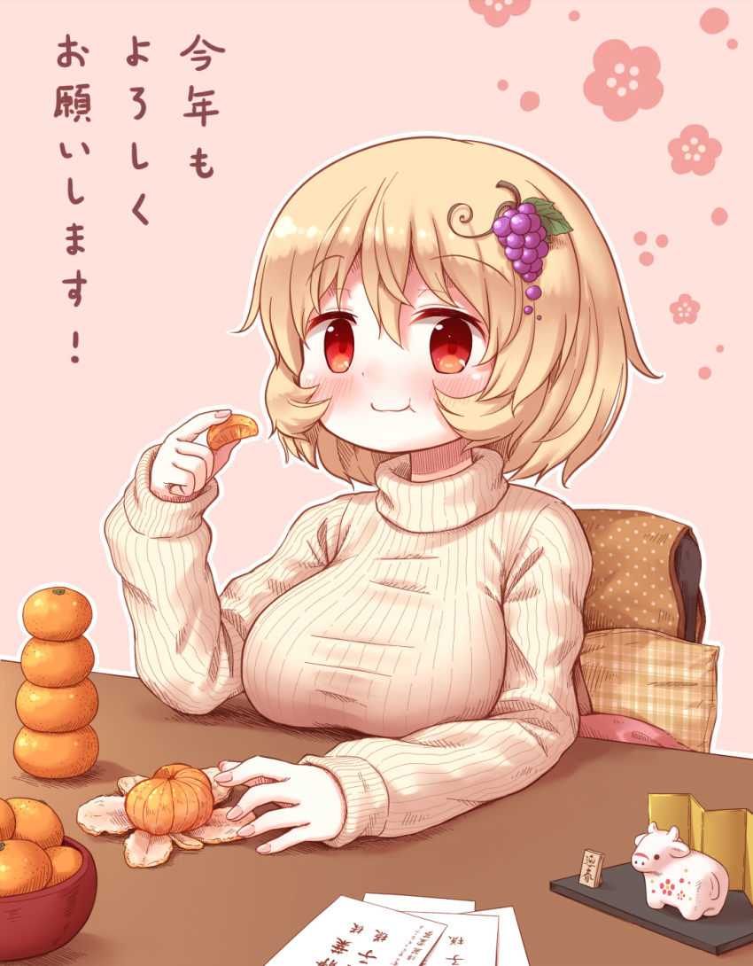 1girl :t aki_minoriko alternate_costume arinu beige_sweater blonde_hair blush bowl breast_rest breasts breasts_on_table eating food food-themed_hair_ornament fruit grape_hair_ornament grapes hair_ornament highres leaf long_sleeves looking_at_viewer mandarin_orange peeling pink_background red_eyes ribbed_sweater short_hair solo sweater table tagme touhou translation_request turtleneck turtleneck_sweater