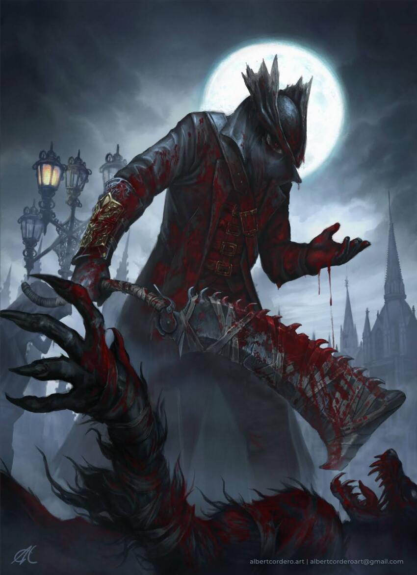 1boy albert_cordero artist_name blood blood_on_arm blood_on_chest blood_on_clothes blood_on_hands blood_on_leg blood_splatter bloodborne bloody_weapon coat corpse full_moon gloves gmail hat highres holding holding_weapon hunter_(bloodborne) lantern mask moon mouth_mask night night_sky saw saw_cleaver sky solo standing tricorne watermark weapon web_address
