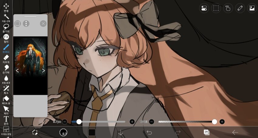 1girl art_program_in_frame black_bow black_jacket bow bygone_days_(e.g.o) collared_shirt e.g.o_(project_moon) flaqjtmfmf freckles green_eyes hair_bow highres holding_pendant ishmael_(project_moon) jacket lapels limbus_company necktie official_art_inset orange_hair project_moon shirt unfinished white_shirt yellow_necktie