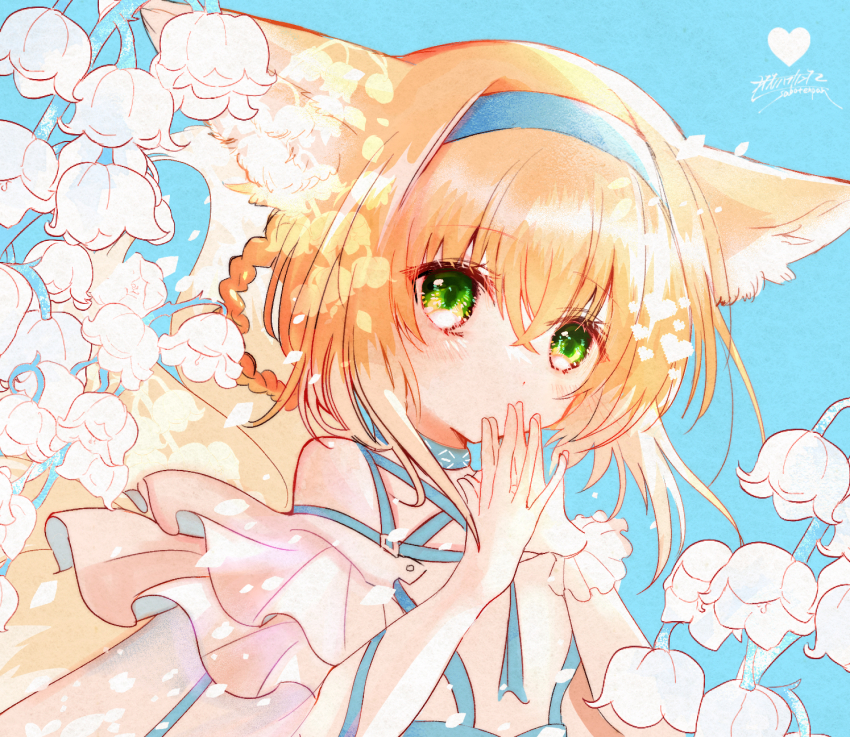 1girl animal_ear_fluff animal_ears arknights bare_shoulders blonde_hair blue_background blue_hairband blush braid braided_hair_rings clothing_cutout commentary_request crossed_bangs dress flower fox_ears fox_girl frilled_sleeves frills green_eyes hair_rings hairband highres lily_of_the_valley looking_at_viewer name_connection object_namesake oonohara_kenya short_sleeves shoulder_cutout single_wrist_cuff solo steepled_fingers suzuran_(arknights) upper_body white_dress wrist_cuffs