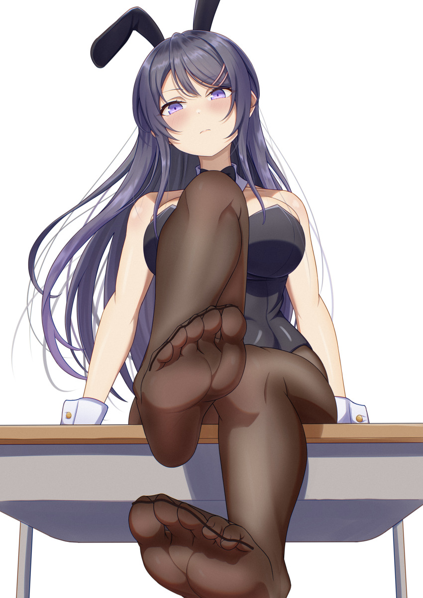 1girl absurdres black_hair blush feet highres leotard long_hair looking_at_viewer pantyhose playboy_bunny purple_eyes sakurajima_mai seishun_buta_yarou soles taqielang toes