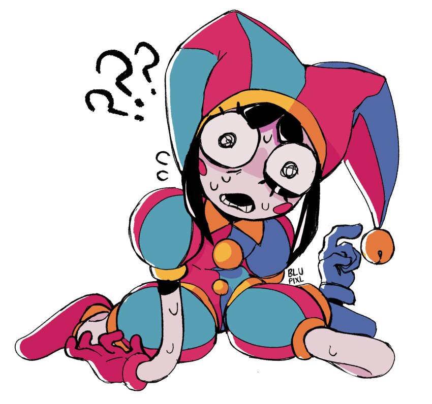 1girl ? ??? black_hair blue_gloves blupixl flying_sweatdrops glitch_productions gloves hat hat_bell highres jester jester_cap kneeling multicolored_hat open_mouth pink_gloves pomni_(the_amazing_digital_circus) short_hair simple_background solo sweat the_amazing_digital_circus white_background