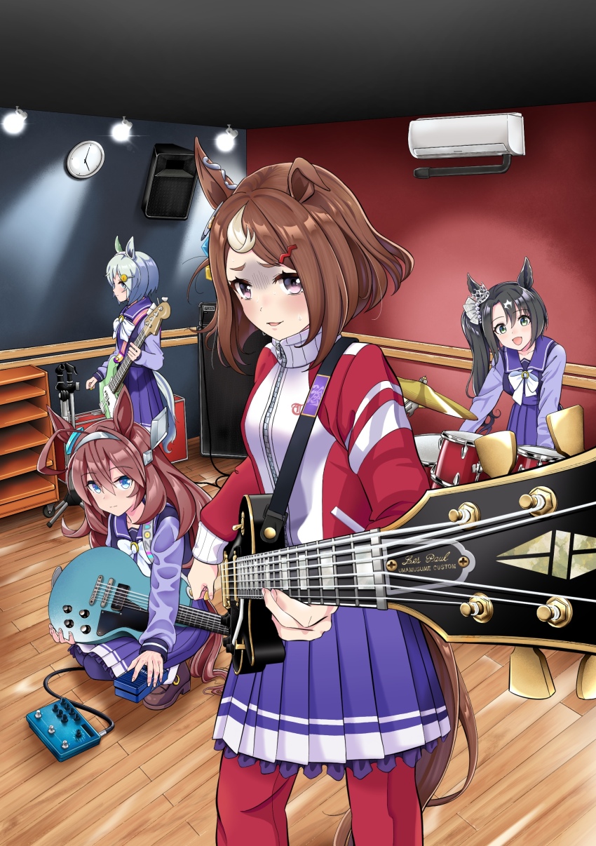 4girls absurdres ahoge animal_ears aoyama_yoshino black_hair blue_eyes blush bocchi_the_rock! breasts brown_hair clock drum electric_guitar essential_ys guitar hair_between_eyes hair_ornament hasegawa_ikumi highres instrument jacket medium_breasts medium_hair mihono_bourbon_(umamusume) multiple_girls pants purple_eyes satono_crown_(umamusume) school_uniform seiun_sky_(umamusume) side_ponytail smile suzushiro_sayumi sweat tracen_school_uniform track_jacket track_pants tsurumaru_tsuyoshi_(umamusume) umamusume voice_actor_connection white_hair