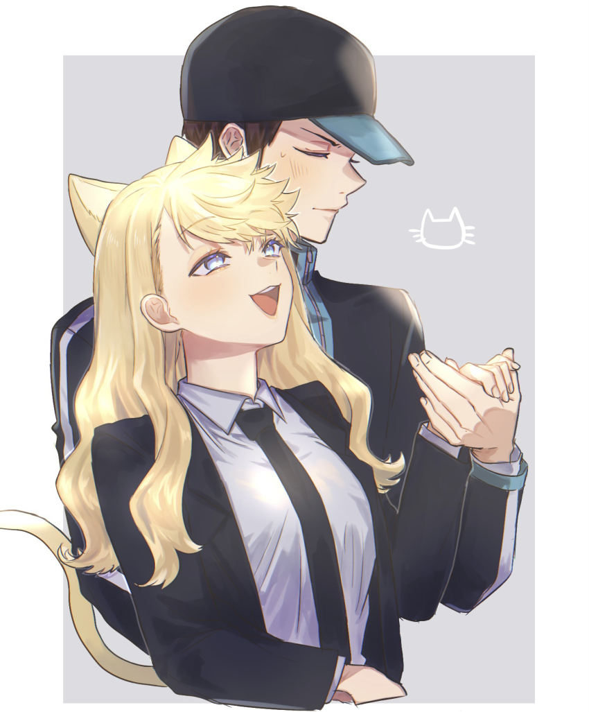1boy 1girl animal_ears arafune_tetsuji baseball_cap black_headwear black_jacket black_necktie blonde_hair blue_eyes blush breasts cat_ears cat_girl cat_tail closed_eyes collared_shirt extra_ears formal_clothes genderswap genderswap_(mtf) grey_background hand_up hat hetero highres holding_hands inukai_sumiharu jacket kemonomimi_mode kuzumiya_yuyu light_brown_hair light_smile long_hair long_sleeves looking_away medium_breasts necktie open_mouth outside_border shirt short_hair simple_background smile suit tail uniform upper_body white_shirt world_trigger
